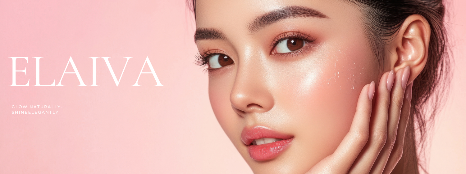 Glowing dewy skin model – Elaiva skincare beauty image.”