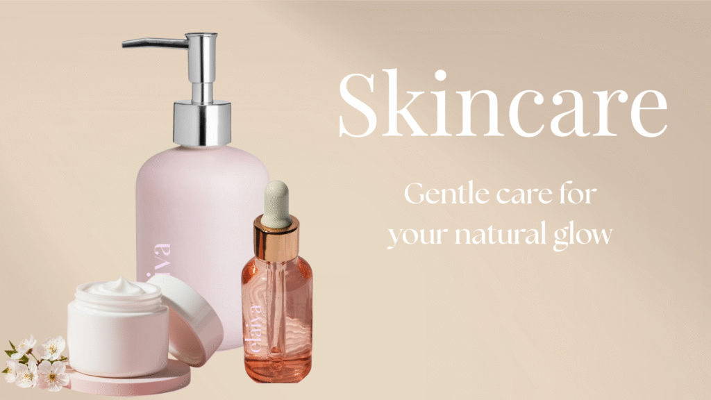 “Elaiva skincare products including a face cream jar, serum bottle, and pump dispenser on a soft beige background.”